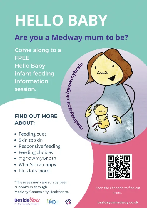 Image of poster entitled Are you a Medway mum to be? Come along to a free hello baby infant feeding information session run by peer supporters through MCH. Visit medway.gov.uk/growmybrain
