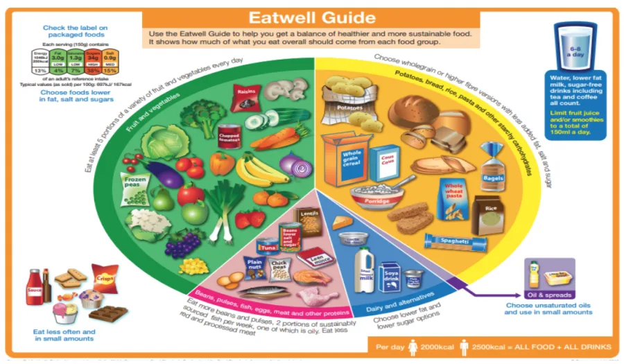 Image showing plate divided into 4 sections: one for fruit and vegetables, one for potatoes, bread, rice, pasta and other starchy carbohydrates, one for dairy and alternatives, and one for beans, pulses, fish, eggs, meat and other proteins.